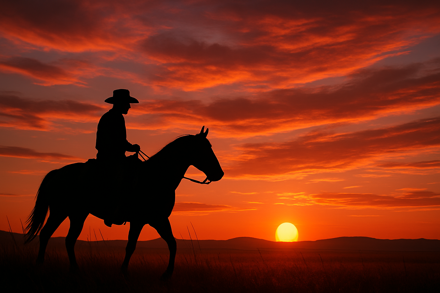 western horse back riding into sunset